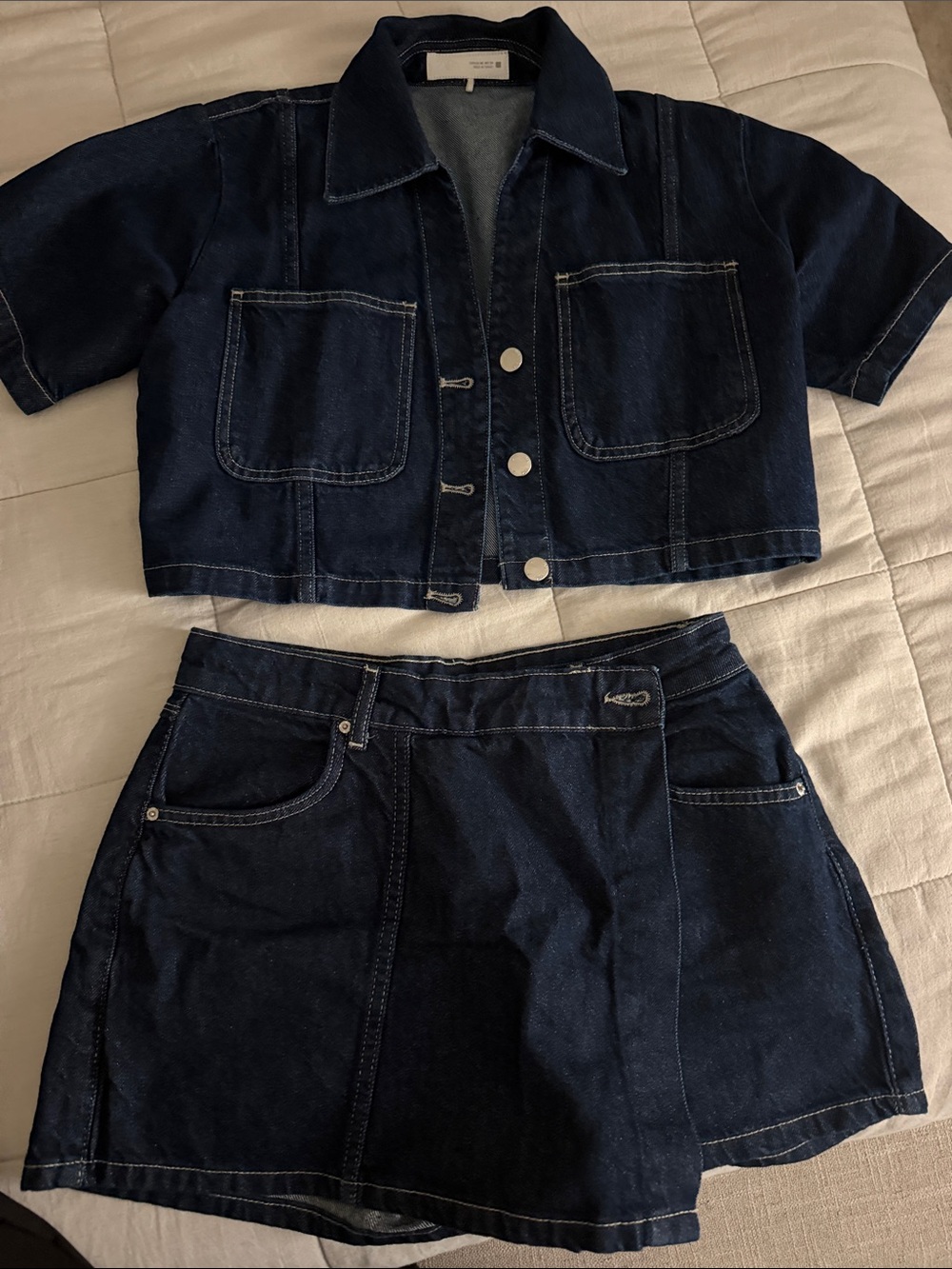 Zara Dark Blue Denim Cropped Jacket & Skirt Set